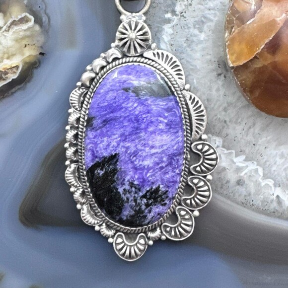 Sterling Southwestern Style Large Oval Charoite Decorated Pendant For Women - Picture 6 of 10